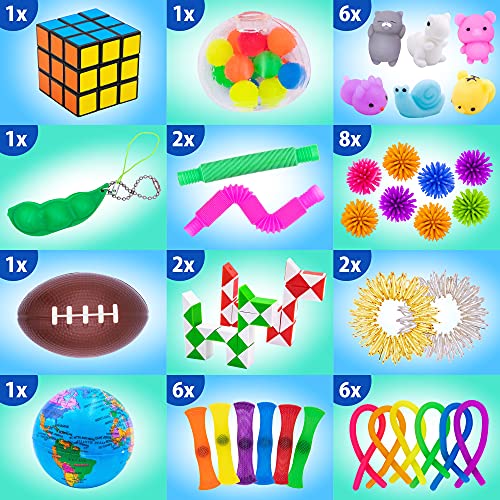 (50 Pcs) Fidget Poppers Popit Toy Pack Push Pop Bubble Popping Set It Mini Poppet Figit Package Figetget Spinners, Infinity Cube Stress Relief Balls w Sensory Toys for Autistic ADHD Kids Girls - The Resilient Kidz 