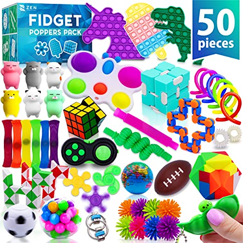 (50 Pcs) Fidget Poppers Popit Toy Pack Push Pop Bubble Popping Set It Mini Poppet Figit Package Figetget Spinners, Infinity Cube Stress Relief Balls w Sensory Toys for Autistic ADHD Kids Girls - The Resilient Kidz 